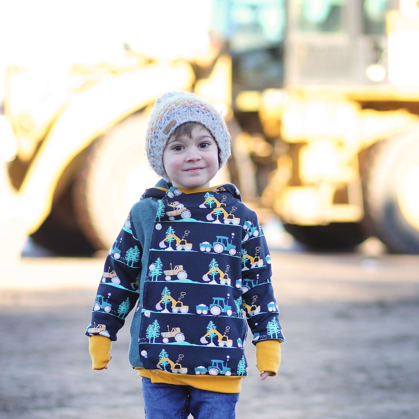Jacquard Strick Jersey Stoff Traktor Kindermotive Pullover Kinder Bekleidung 